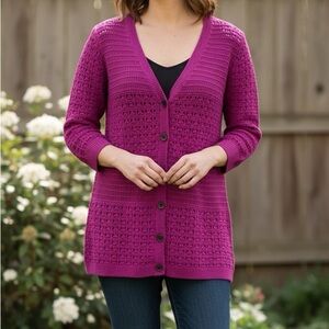 💖 DKNY Bright Fuchsia Crochet Open Knit Cardigan Sweater XL 💖